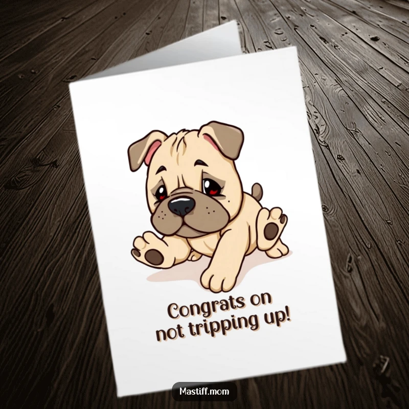Funny Free Printable Congratulations Card: Cute Mastiff Puppy Tripping Hilariously, Adorable and Amusing