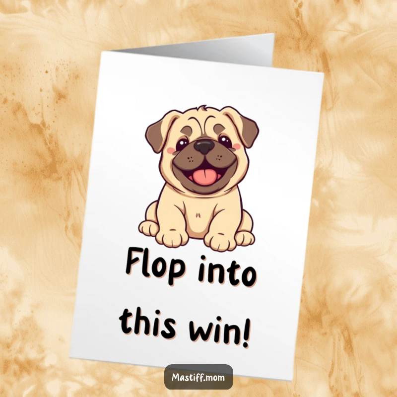 Funny Free Printable Congrats Card: A kawaii mastiff puppy dramatically flopping over, overcome with sheer, uncontainable joy.