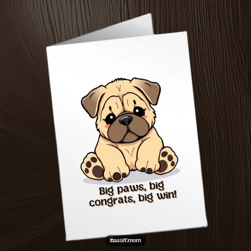 Funny Free Printable Congrats Card: Kawaii Mastiff puppy tripping over paws in a comical celebration of success.