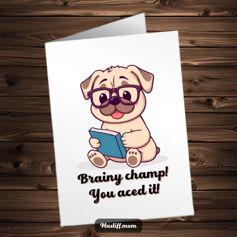 Funny free printable congrats card: A content Mastiff with glasses reads a book, celebrating your well-deserved success.