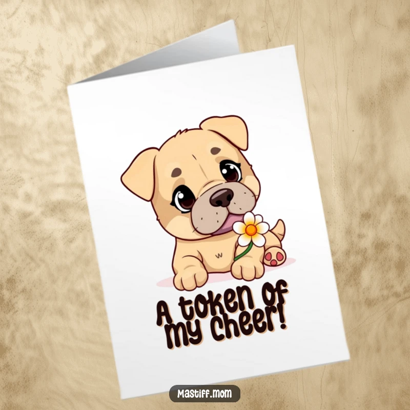 Funny free printable congrats card: A playful Mastiff with tender eyes extends a flower, celebrating your wonderful achievement.