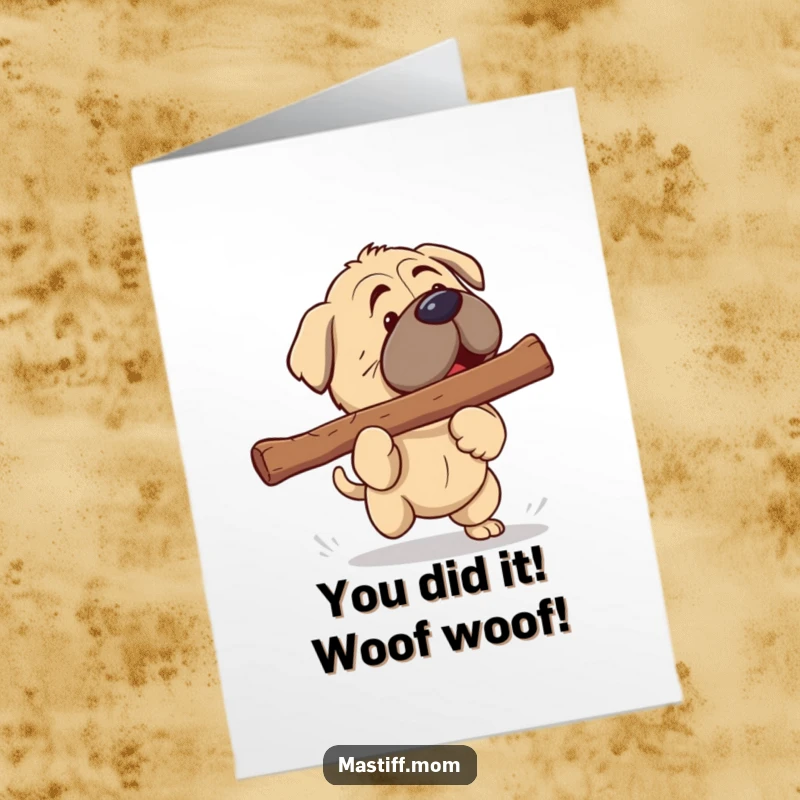 Funny Free Printable Congratulations Card: Kawaii Mastiff triumphant with a massive stick, ready for celebration.