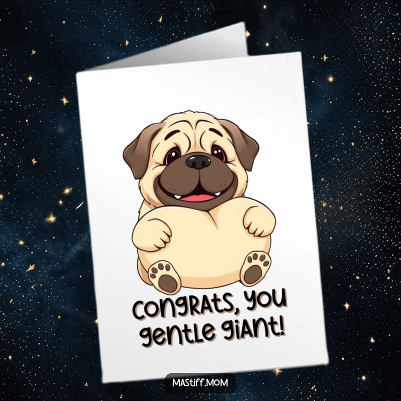 Free Printable Congrats Card: A giant kawaii mastiff with a gentle, wide smile offers a huge, fluffy pillow as a congratulatory gift.