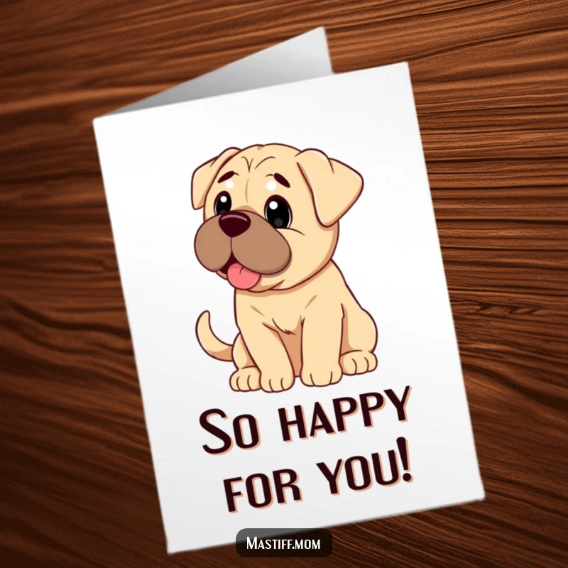Funny Free Printable Congratulations Card with a Mastiff expressing adoration and ecstatic tail wags. Downloadable art.