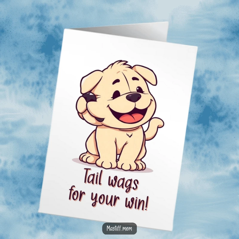 Funny Free Printable Congratulations Card: A happy kawaii Mastiff wags its tail so hard it creates a powerful, joyful blur.