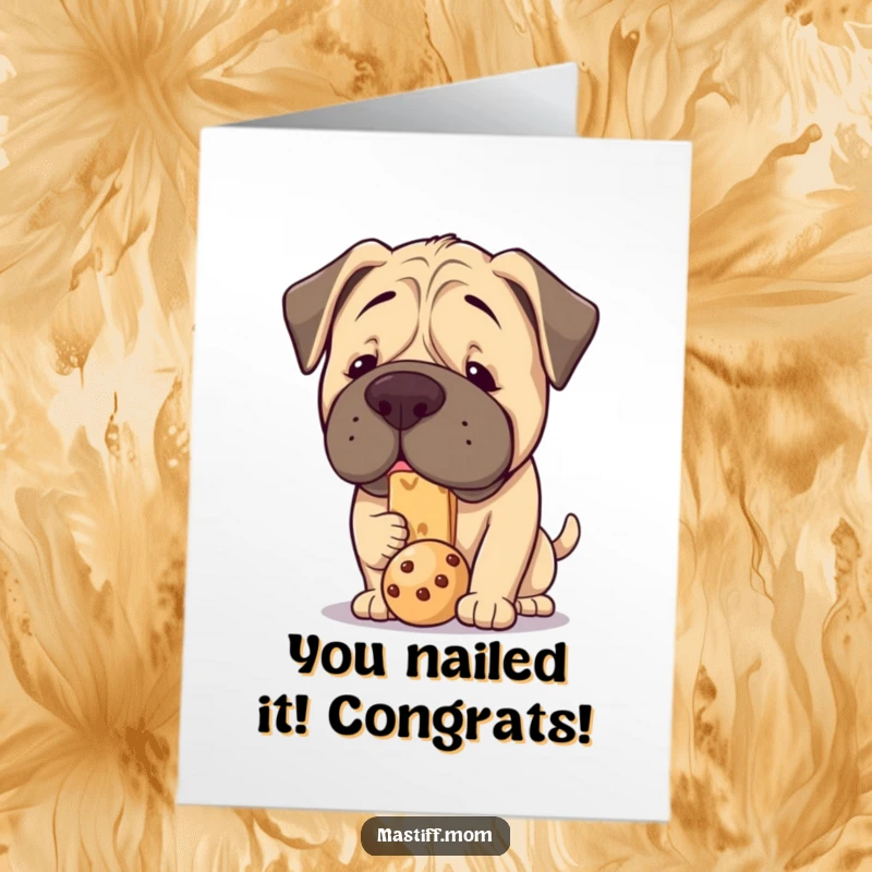 Free Printable Congratulations Card: Kawaii Mastiff attempts to balance a treat on its snout, a feat of concentration.
