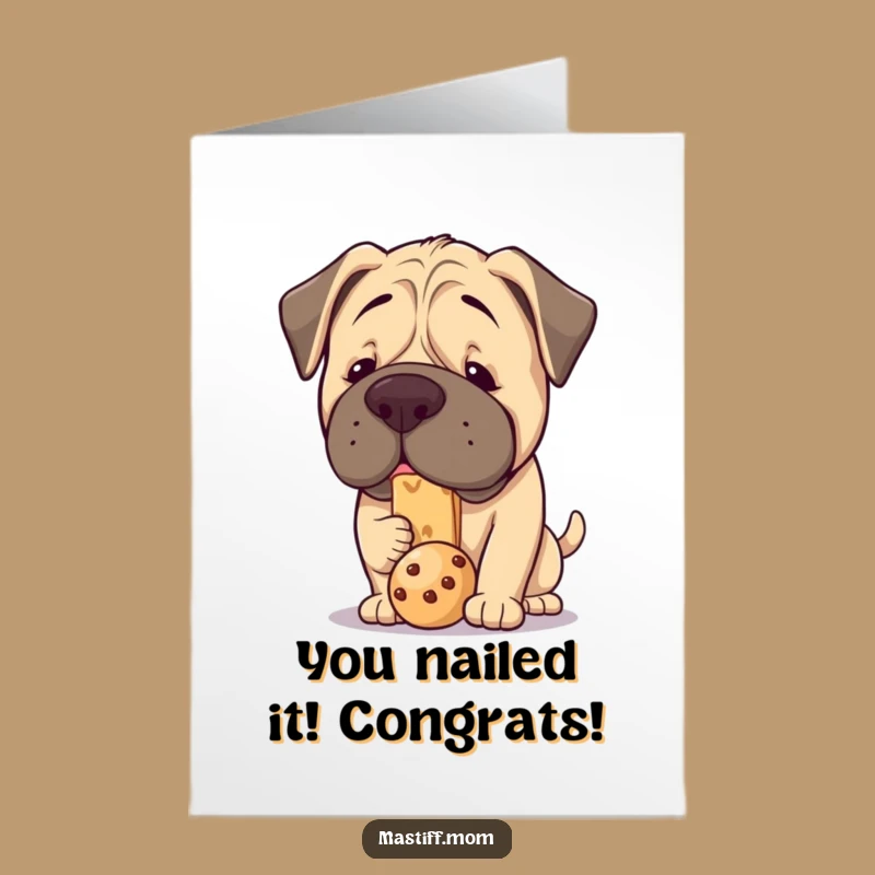 Free Printable Kawaii Mastiff Congrats Card: Funny Treat Balancing Dog Achievement Download