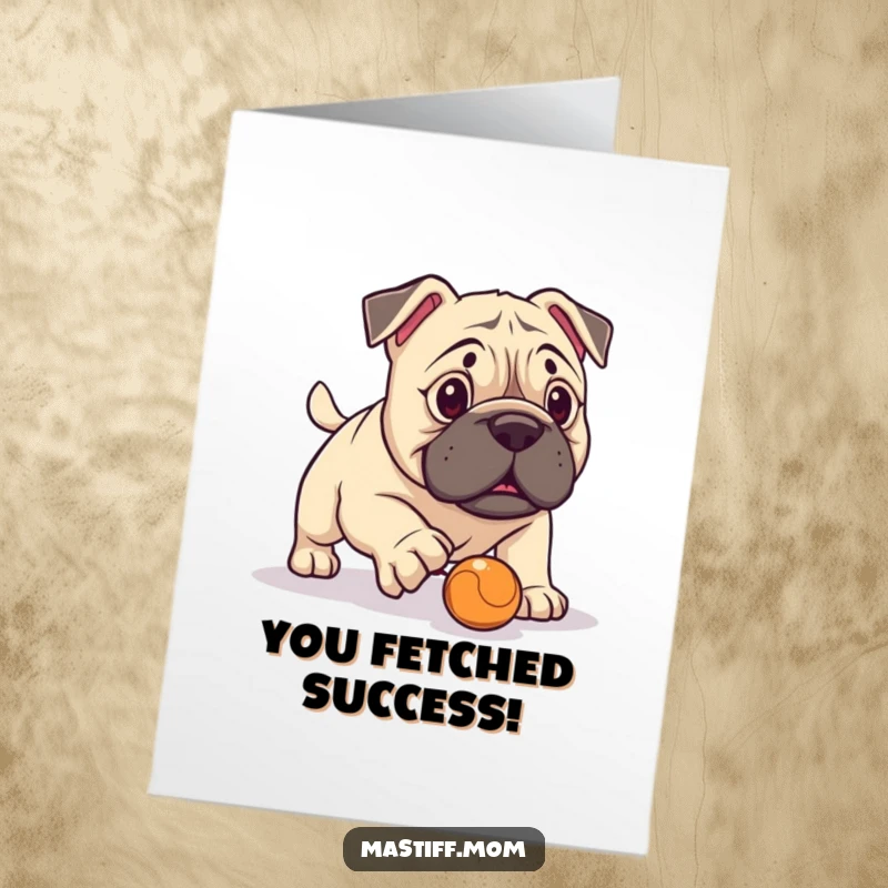 Funny Free Printable Congratulations Card: Kawaii Mastiff failing comically at fetch with a minuscule ball, adorable and amusing.