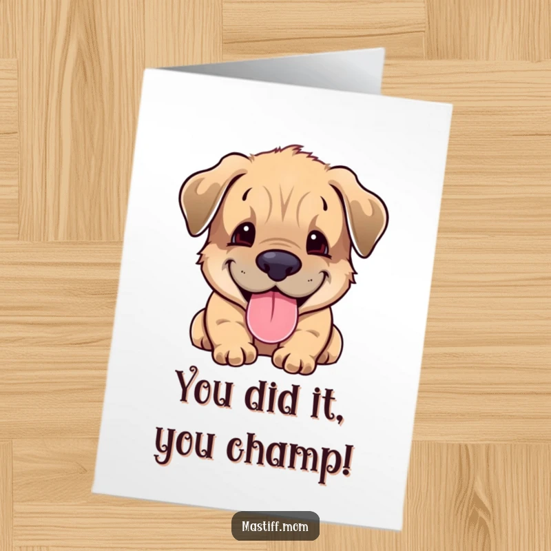 Funny Free Printable Mastiff Congratulations Card showing a happy, panting cub celebrating achievements with infectious enthusiasm.