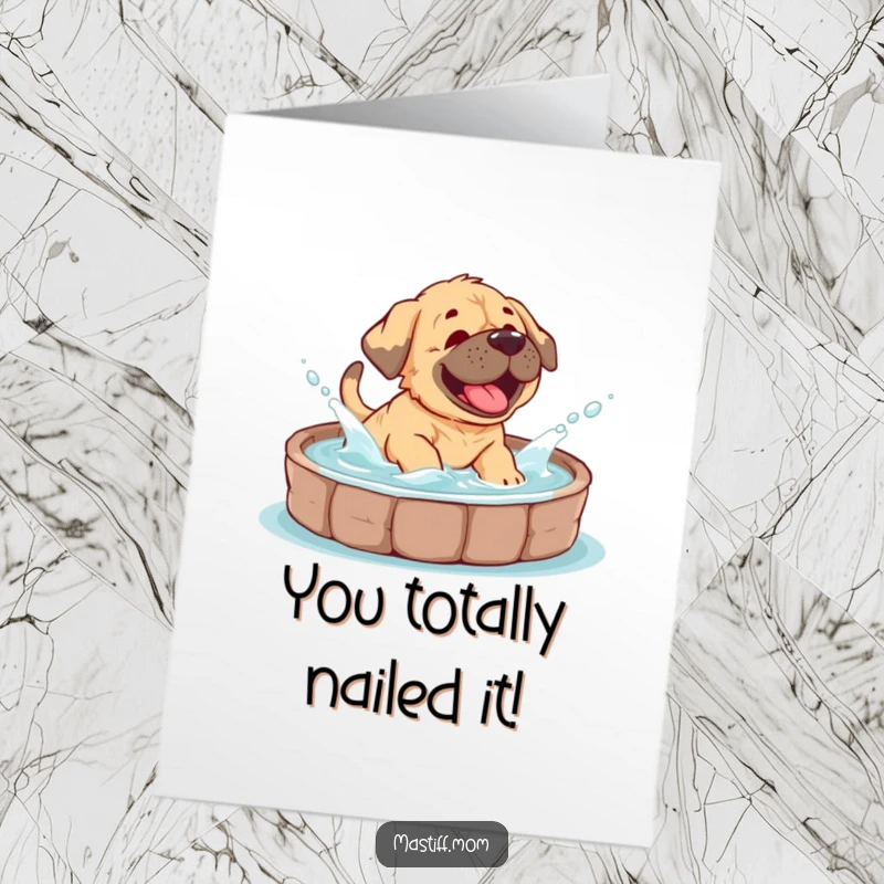 Funny Free Printable Mastiff Congratulations Card featuring a giggling cub splashing in a pool, cheering for their success.