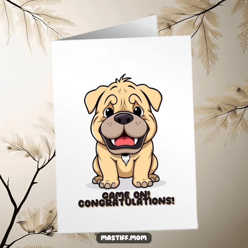 Free Printable Congratulations Card: A friendly Kawaii mastiff emitting a playful growl, tail wagging, ready for a fun game.