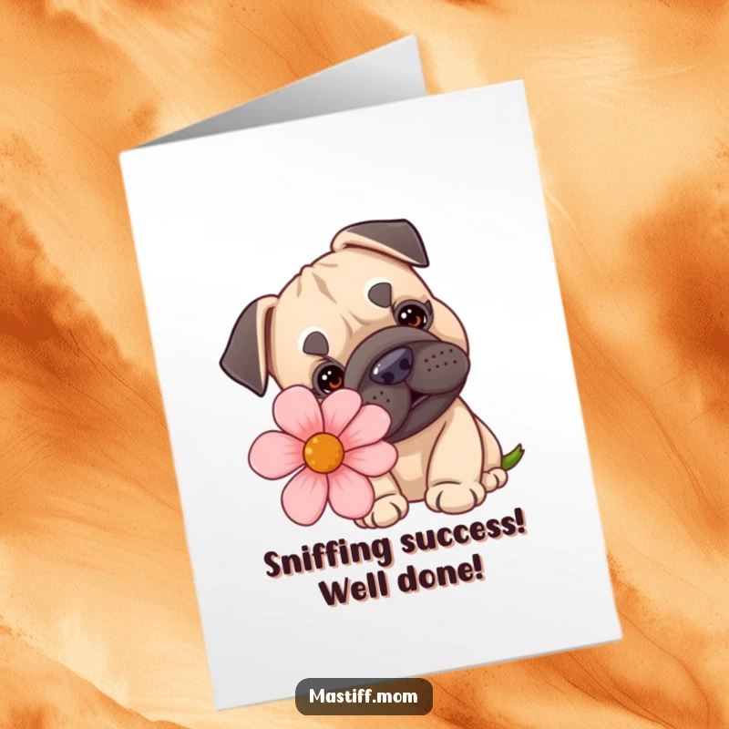 Funny Free Printable Congratulations Card showing a kawaii Mastiff exploring a giant, cartoonish flower, perfect for celebrating.