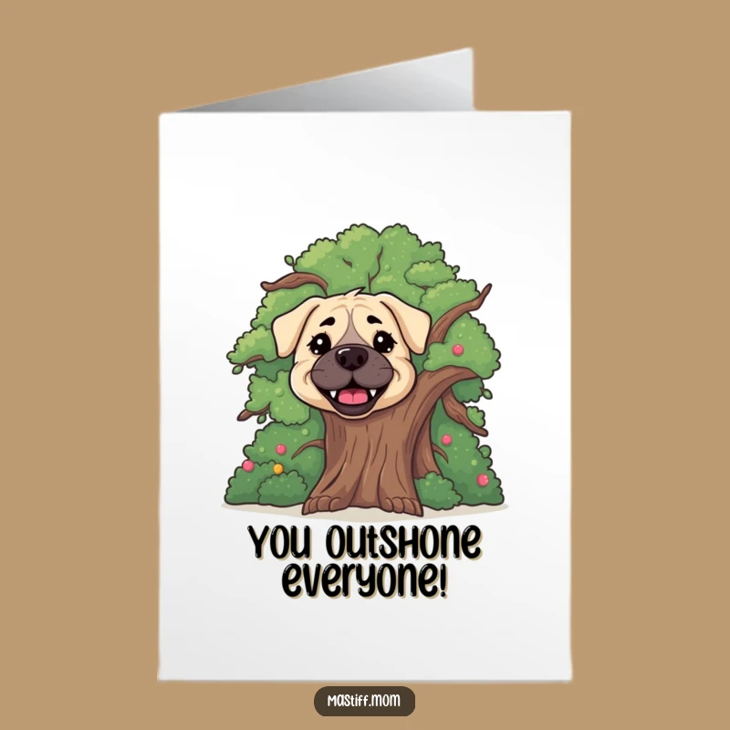 Free Printable Funny Mastiff Congrats Card: Peeking Dog, Cheerful Tree, Downloadable Joy