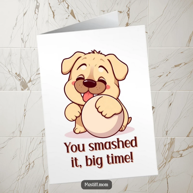 Funny Free Printable Congratulations Card: Kawaii Mastiff grinning, playfully nudging a huge ball, celebrating success with glee.