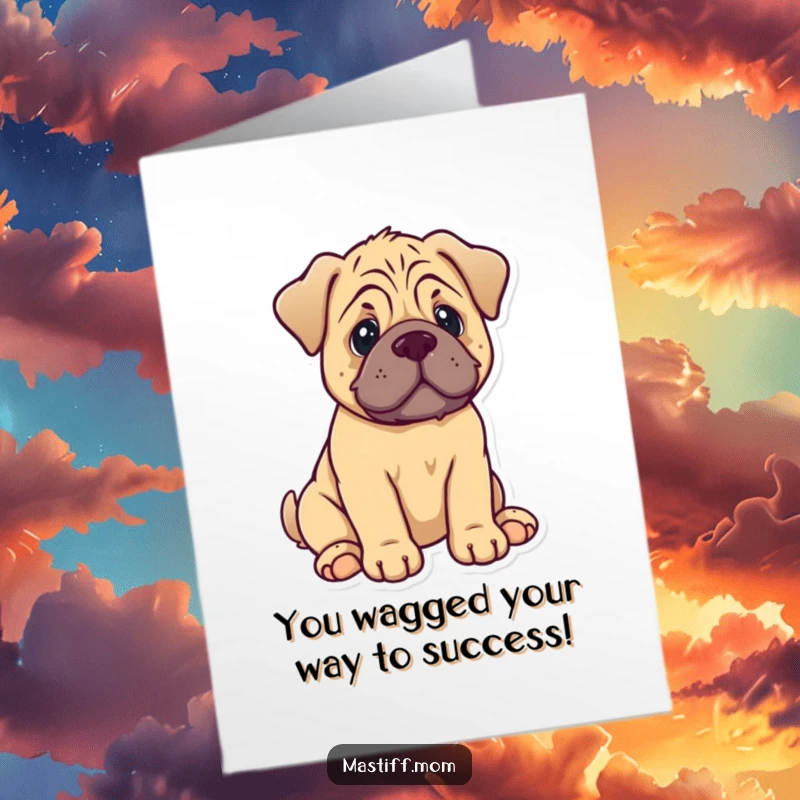Funny free printable congratulations card featuring a kawaii mastiff puppy sitting with a gentle wag, perfect for celebrating big news.