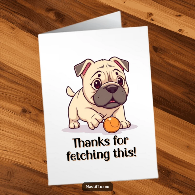 Funny Free Printable Thank You Card: Kawaii Mastiff hilariously struggles to fetch a tiny ball, sweetly clumsy.