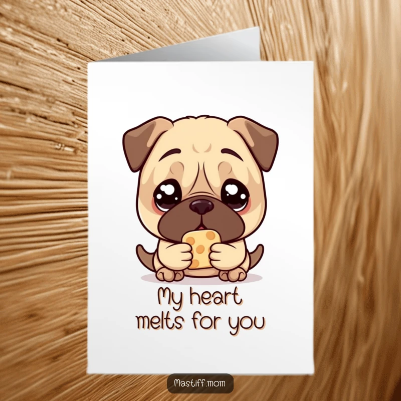 Funny Free Printable Kawaii Mastiff Thank You Card: Mastiff with large, pleading eyes, holding one treat, begging to say thank you.