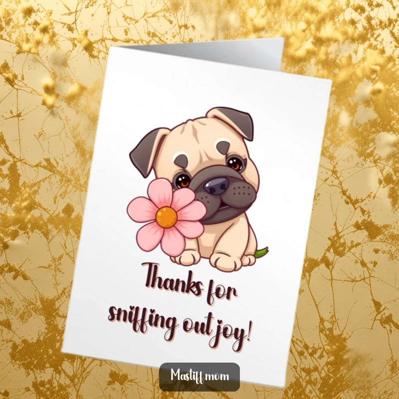 Funny Free Printable Thank You Card: kawaii Mastiff's comical investigation of an enormous, vibrant flower.