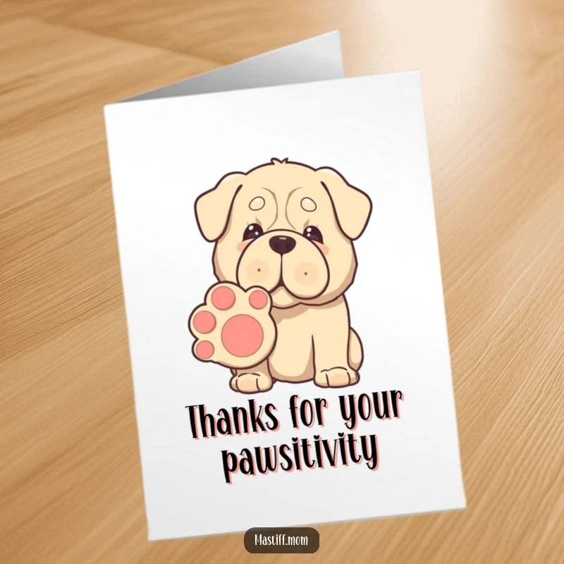 Funny free printable thank you card: A kawaii Mastiff with soft, gentle eyes presents its enormous paw for a friendly shake.