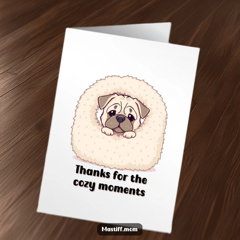 Free Printable Thank You Card: A kawaii mastiff peeks out inquisitively from behind a massive, soft, fluffy blanket.