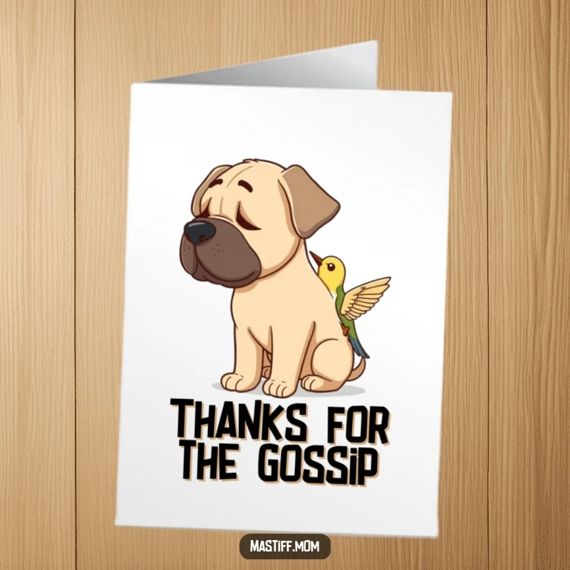 Funny Free Printable Thank You Card: Mastiff listens with full concentration to a small bird perched nearby, a serene scene.
