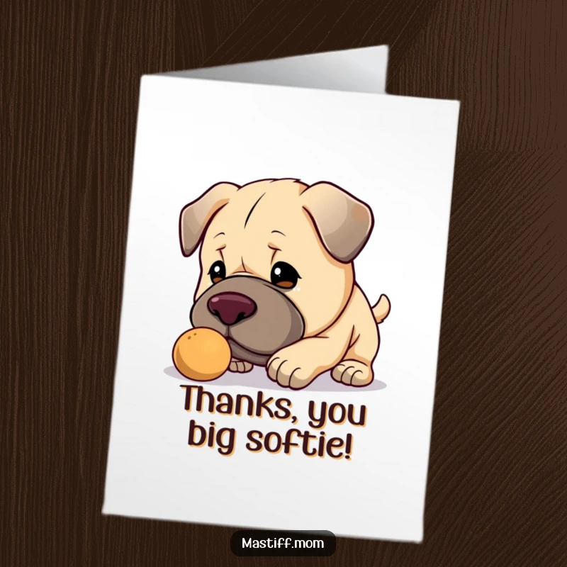 Funny Free Printable Thank You Card: Kawaii Mastiff softly nudging an object, expressing thanks.