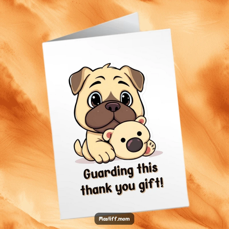 Funny Free Printable Thank You Card: A loyal Kawaii mastiff with a determined gaze, guarding a plush toy as a token of thanks.