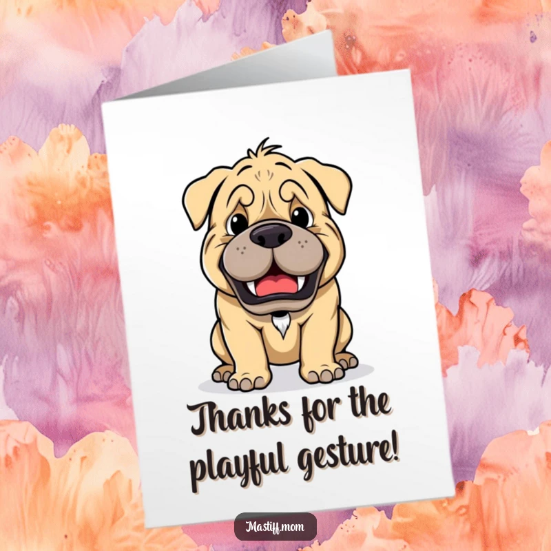 Funny Free Printable Thank You Card: A gentle Kawaii mastiff with a playful growl, inviting you to play, offering thanks.