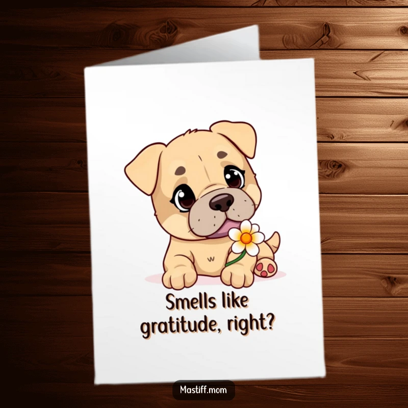 Funny free printable thank you card: A sweet Mastiff with kind eyes offers a delicate flower, symbolizing heartfelt thanks.
