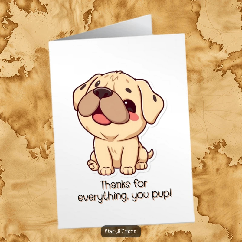 Funny Free Printable Thank You Card featuring a kawaii Mastiff dog offering a happy, gentle lick as a sign of thanks.