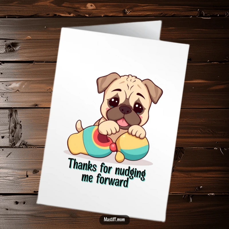 Funny Free Printable Thank You Card: Kawaii Mastiff Puppy Nudging a Toy Playfully, Expressing Thanks Sweetly