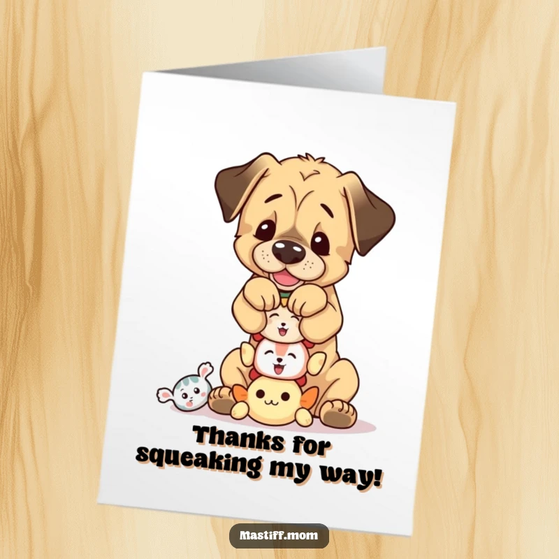 Funny Free Printable Thank You Card: A Mastiff cub balances tiny squeaky toys, offering a playful thank you.