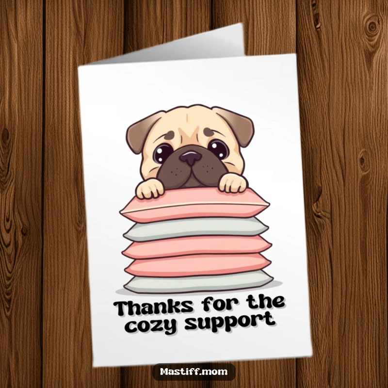 Funny Free Printable Thank You Card: Kawaii Mastiff peeking over a ridiculously tall stack of cushions, sending thanks.