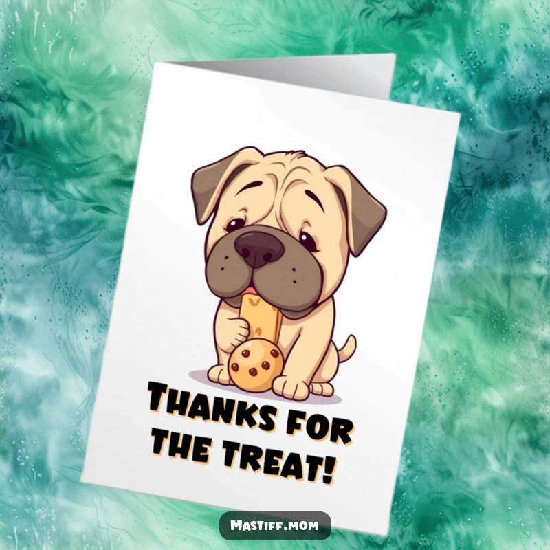 Funny Free Printable Thank You Card: Kawaii Mastiff concentrating intensely to balance a single treat on its nose.