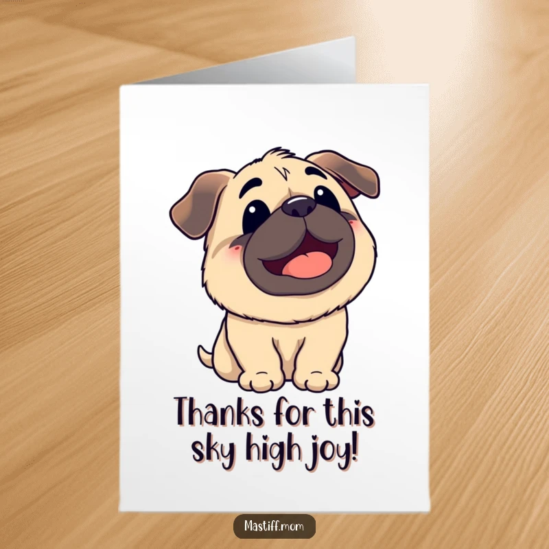 Funny Free Printable Thank You Card: A smiling Kawaii mastiff with its tongue lolling, looking up at the sky with gratitude.
