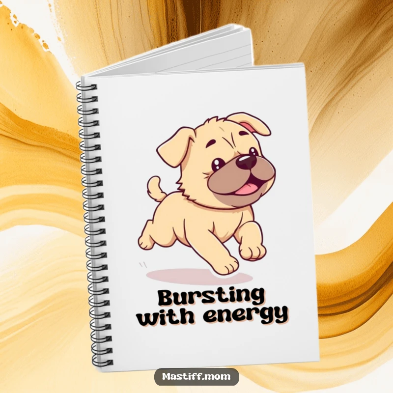 Funny Kawaii Mastiff Puppy Notebook with a cute, energetic dog running with wiggles, perfect for writing.