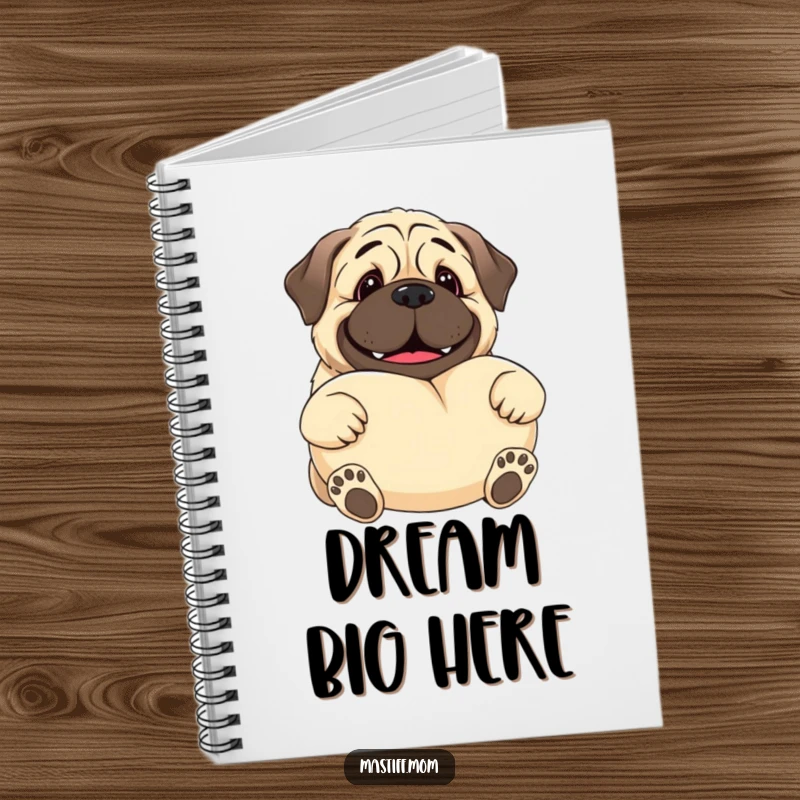 Funny Kawaii Mastiff notebook featuring a smiling gentle giant dog offering a large, soft pillow, ideal for note-taking and journaling.