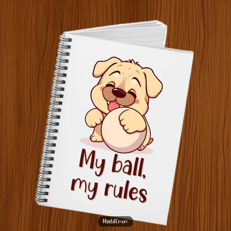 Funny Kawaii Mastiff notebook, featuring a silly dog's cheerful grin and a ball, perfect for writing and doodling.