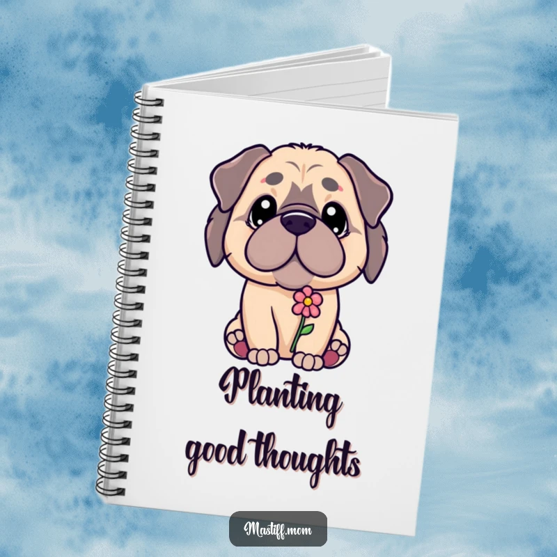 Funny Kawaii Mastiff puppy offering a tiny flower with a gentle gaze, on the cover of a notebook, ideal for funny gift.