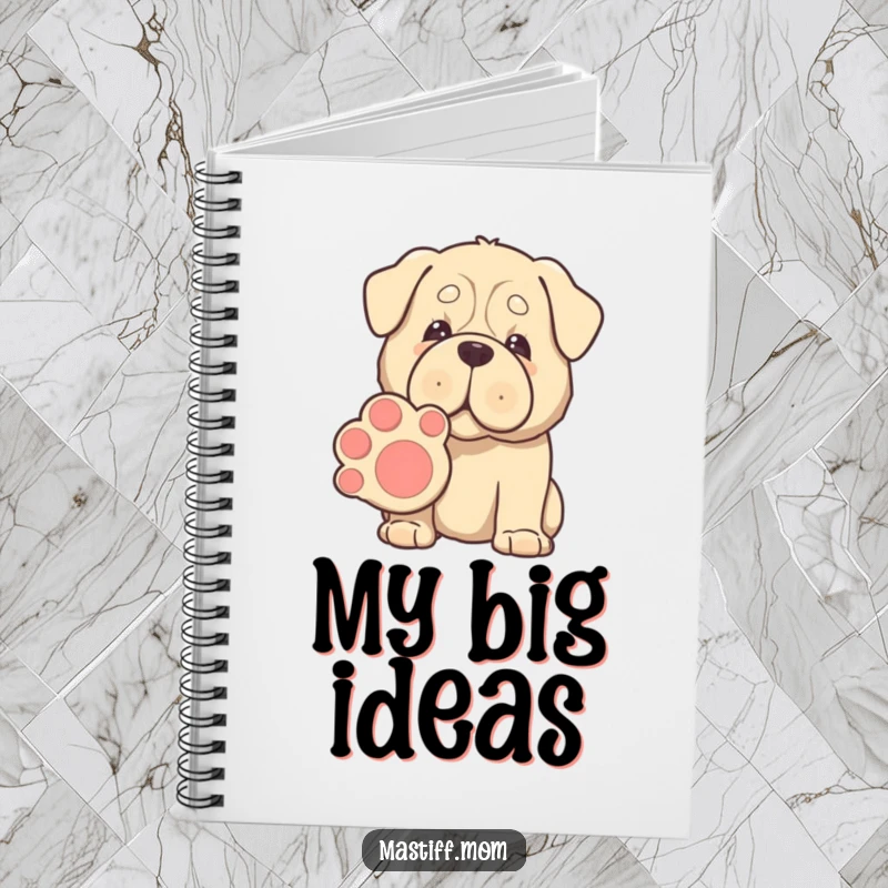 Funny Kawaii Mastiff notebook, gentle eyes, offering a giant paw for shaking, ideal for notes with a heartwarming, humorous theme.