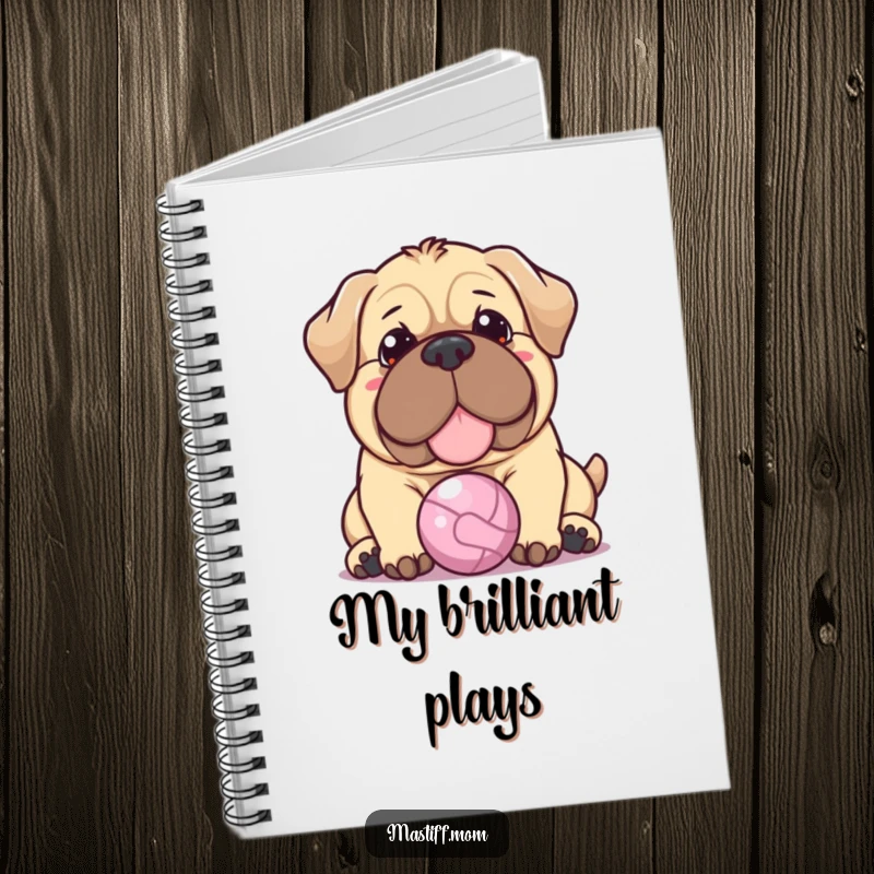 Funny Kawaii Mastiff notebook with a warm-expression dog gently nudging a tiny ball, inspiring sweet thoughts and organized notes.
