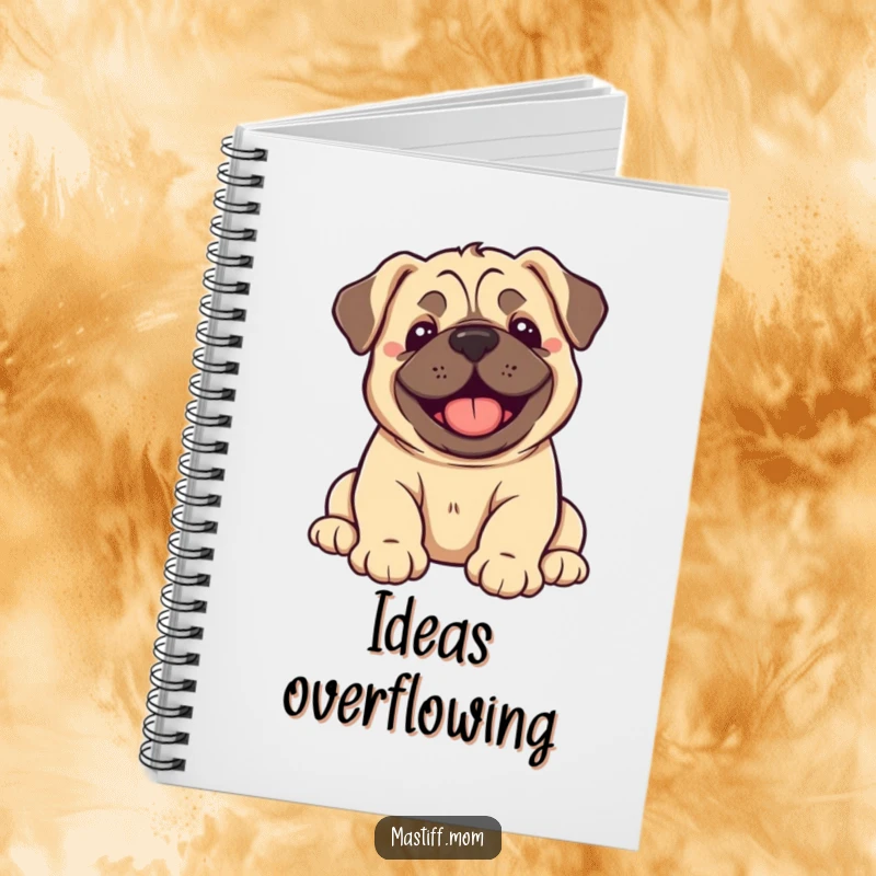 Funny Kawaii Mastiff Puppy Notebook cover featuring a happy puppy dramatically flopping over with pure joy.