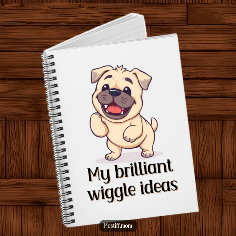Funny Kawaii Mastiff Notebook with a dog doing a charmingly wobbly and enthusiastic wiggle.