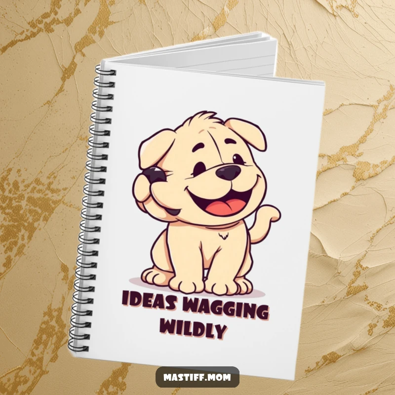 Funny kawaii Mastiff notebook cover with a smiling dog wagging its tail with immense, joyful power, ideal for note-taking.