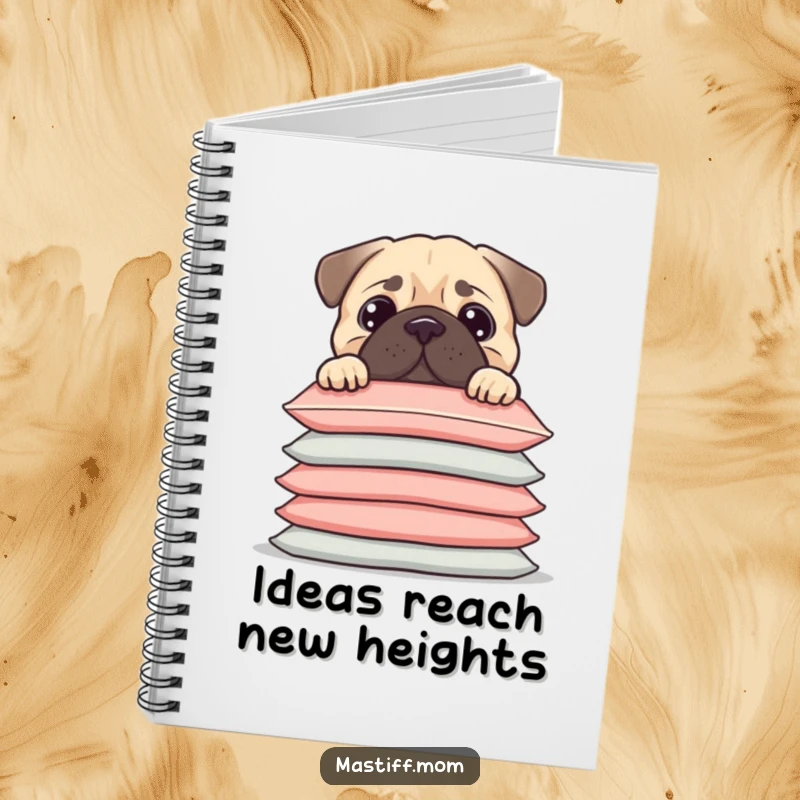 Funny Kawaii Mastiff peeking over a tall stack of cushions, on the cover of a notebook, ideal for funny gift.