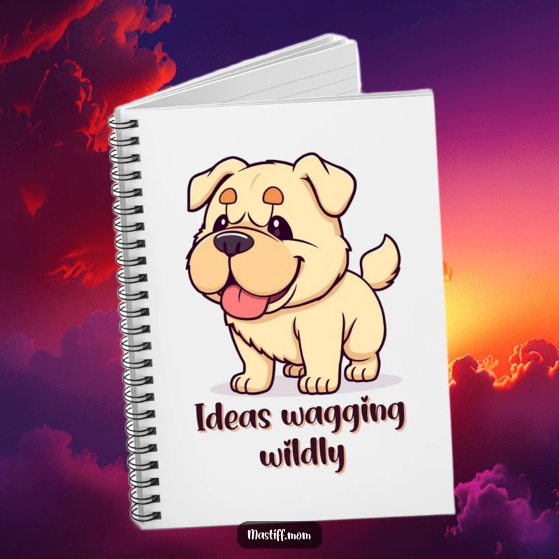 Funny Kawaii Mastiff notebook, featuring a dog happily panting and wagging its tail with immense force, perfect for cheerful notes.