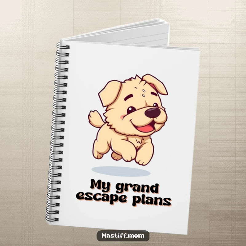Funny Kawaii Mastiff notebook with a clumsy dog joyfully bounding across the cover, inspiring creativity and happy note-taking.