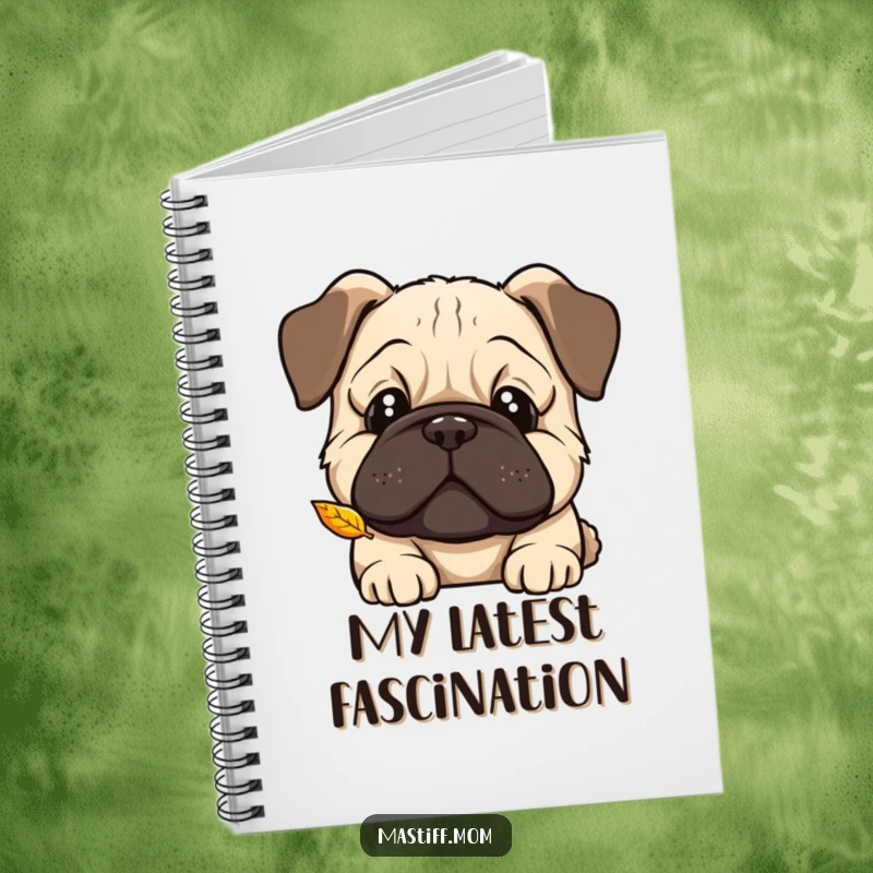 Funny Kawaii Mastiff notebook, curious head tilt, watching a falling leaf, ideal for notes with a heartwarming, humorous theme.