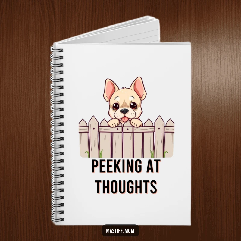 Funny Mastiff character notebook cover with a dog playfully peeking over a comically low fence, perfect for capturing thoughts.