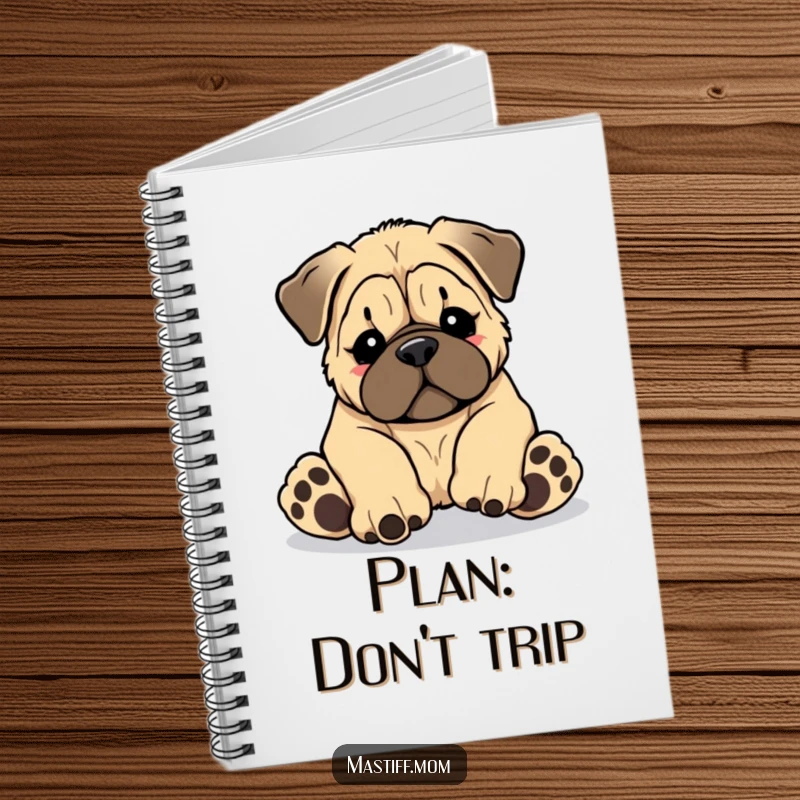 Funny Kawaii Mastiff puppy tripping over its giant paws, on the cover of a notebook, ideal for funny gift.